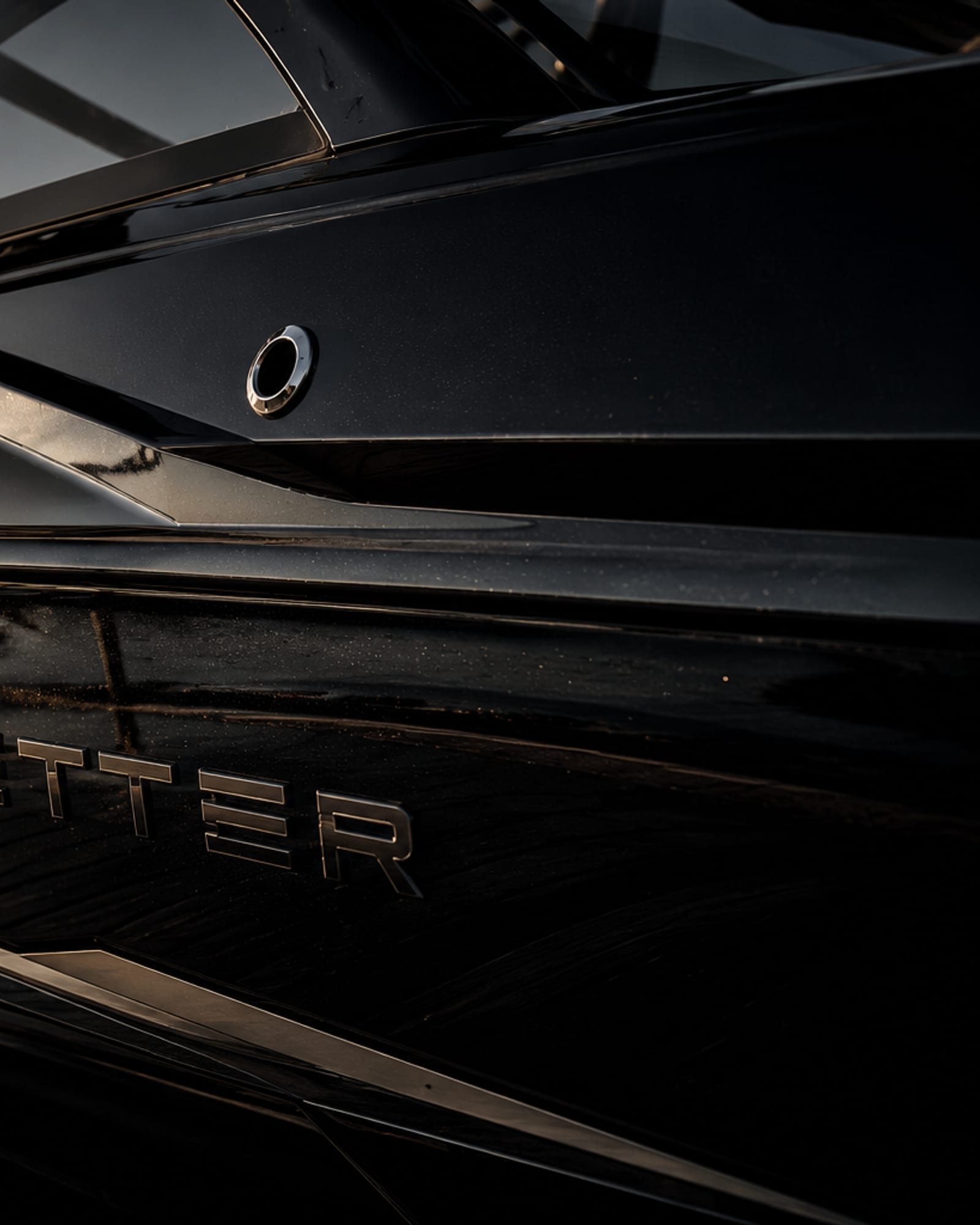 Close-up of a black wakeboat bow at the dock at golden hour